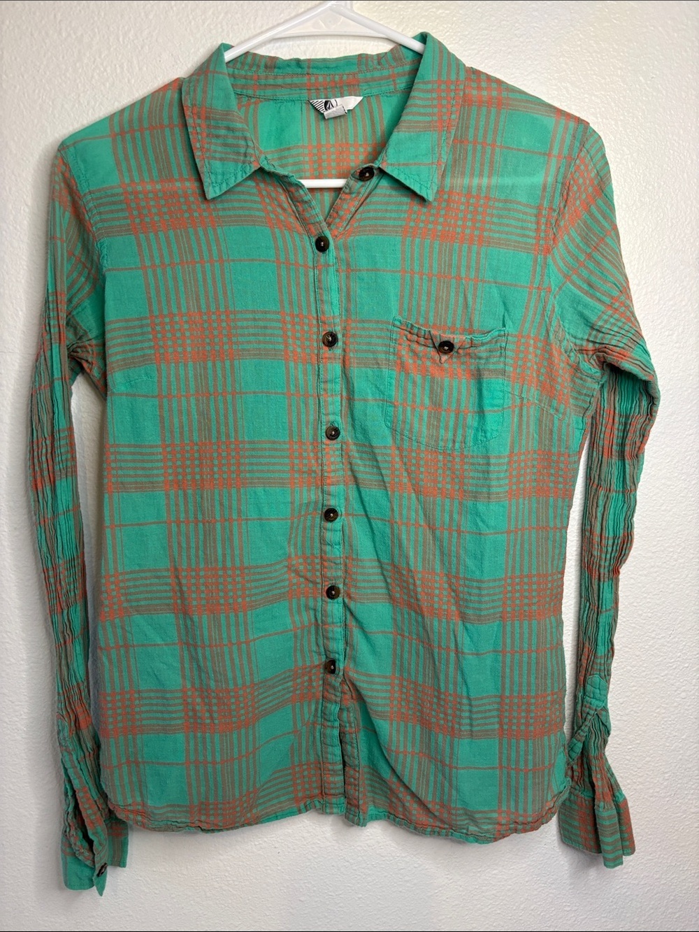 Volcom Teal and Orange Plaid Button-Up Shirt -331sku